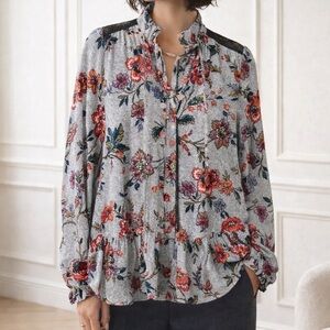 Anthropologie Maeve Janie Gray Floral Boho Peplum Long Sleeve Relaxed Fit Top